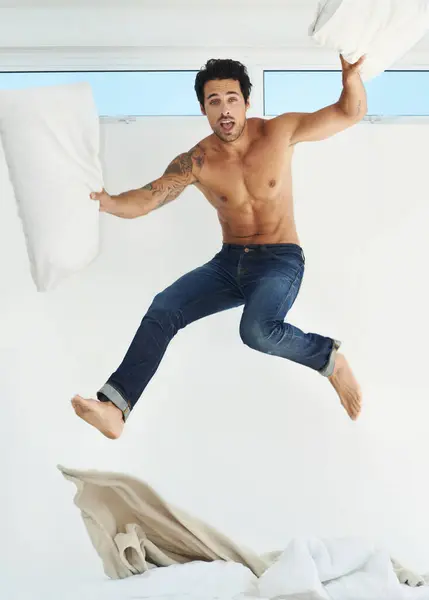 Portrait Bed Jump Shirtless Man His Home Freedom Energy Fun — Stock Photo, Image
