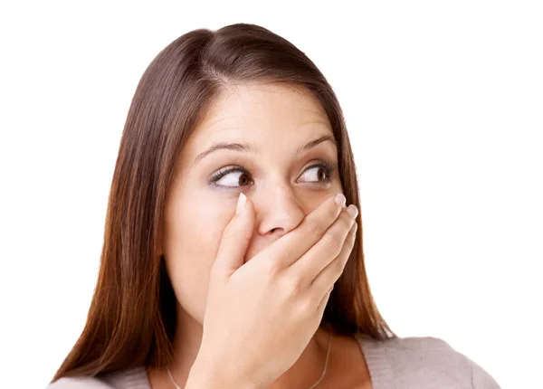 Wow Gossip Hand Face Woman Surprise News Studio Announcement White — Stock Photo, Image