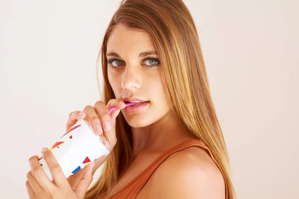Woman Drinking Soda Confident Portrait Studio Mockup Wellness Vacation Model — Stock Photo, Image