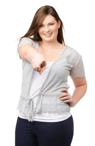 Pointing Portrait Size Model Smile Casual Fashion Body Positivity Isolated — Stock Photo, Image