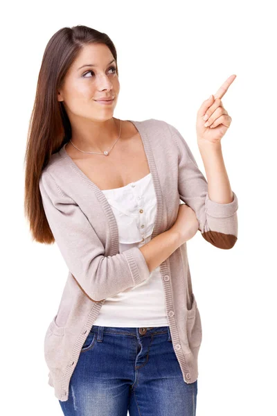 News Announcement Woman Hand Pointing Studio Promotion White Background Feedback — Stock Photo, Image