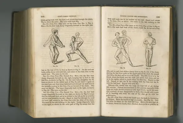 Old book, vintage pages and fitness guide, antique manuscript or ancient scripture of exercises in literature against a studio background. Closeup of historical novel, journal or workout in history.