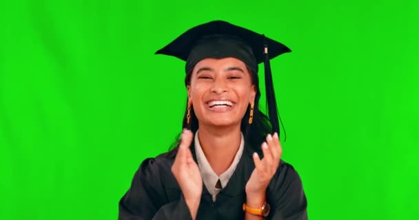 Happy Woman Student Applause Green Screen Graduation Congratulations Studio Background — Stock Video