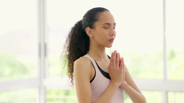 祈祷之手和妇女在家中冥想 以求得专注 锻炼或训练 普拉提 健身和对禅宗 脉轮和健康感到惊奇的人 为了健康 安宁与和平而锻炼 — 图库视频影像