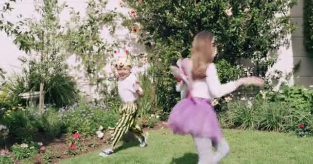 Gelukkige Kinderen Kostuum Spelen Gras Achtertuin Samen Voor Leuke Hechting Rechtenvrije Stockvideo