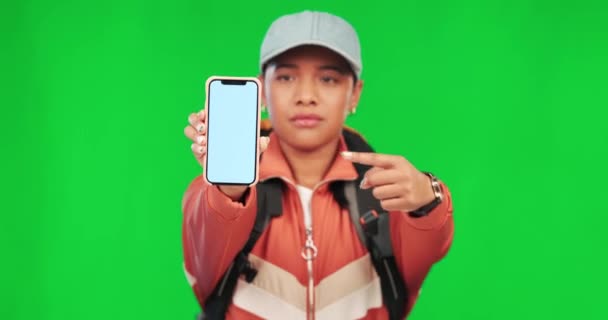 Green Screen Phone Thumbs Pointing Woman Face Fail Problem Opinion — Stock Video