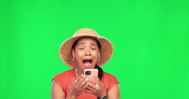 Mujer Lluvia Dinero Pantalla Verde Con Celebración Ganar Teléfono Para — Vídeos de Stock