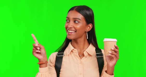 Зеленый Экран Счастливая Девушка Лицо Студента Указывающее Выбор Школы Университета — стоковое видео