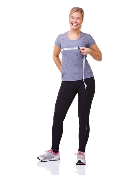 Gelukkige Vrouw Borst Meetlint Voor Fitness Gewichtsverlies Gezondheidsresultaten Trainingsvooruitgang Studioportret — Stockfoto