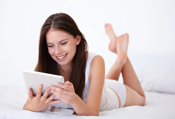 Woman Underwear Tablet Relax Bed Internet Social Media Online Streaming Stock Photo
