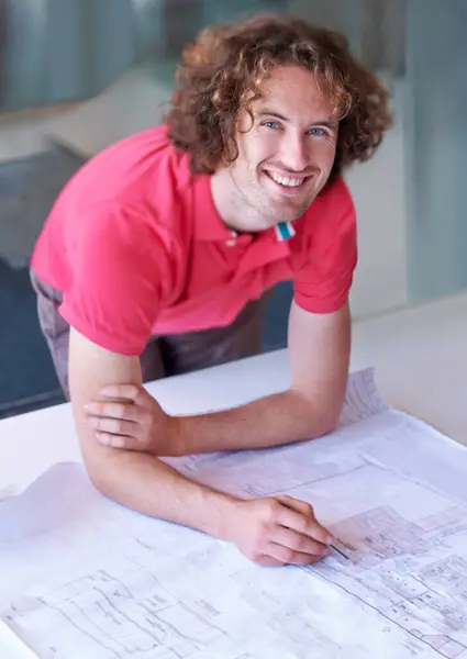 Portrait Happy Man Architect Blueprint Working Creative Project Startup Table — Stock Photo, Image