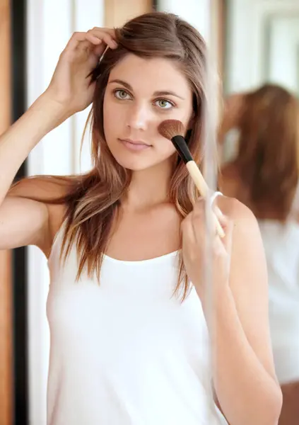 Mirror Makeup Face Woman Bathroom Morning Skincare Routine Dermatology Beauty — Stock Photo, Image