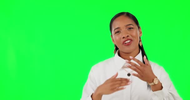 Grön Skärm Presentation Och Ansikte Kvinna Talar Undervisning Eller Lista — Stockvideo