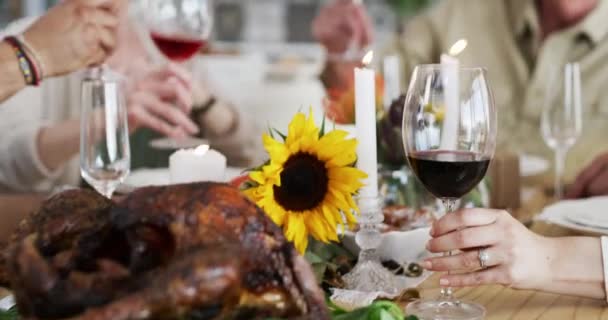 家族の手 赤ワイン お祝いのためのトースト 感謝祭 ランチ またはダイニングルームテーブルでのブランチ メガネ ドリンク アルコール 食べ物を持つシニアの人 — ストック動画