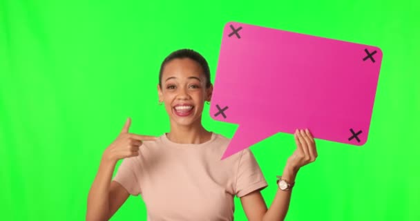 Cara Pantalla Verde Burbuja Del Habla Mujer Feliz Apuntan Una — Vídeos de Stock