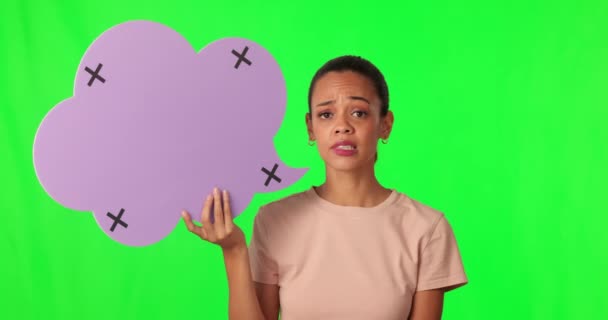Obličej Zelené Obrazovky Hlasová Bublina Nebo Žena Nešťastná Rizikového Problému — Stock video