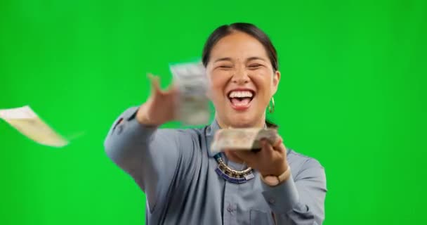 Бросай Деньги Лицо Женщины Зеленом Экране Ради Победы Успеха Бизнесе — стоковое видео