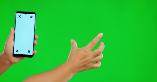 Händerna Telefon Och Mockup Touch Grön Skärm För Sociala Medier — Stockvideo
