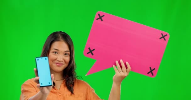 Mulher Asiática Telefone Mockup Tela Verde Com Bolha Fala Para — Vídeo de Stock
