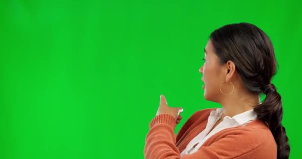 Mujer Presentación Elección Lista Con Pantalla Verde Publicidad Información Aislada — Vídeos de Stock
