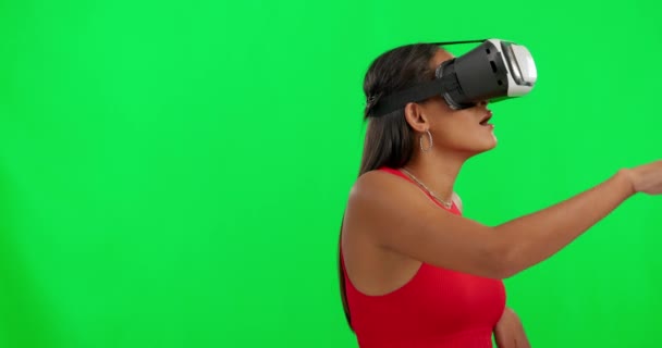 Kobieta Zielony Ekran Okulary Studio Wyszukiwania Metawersum Gier Gestu Ręki — Wideo stockowe