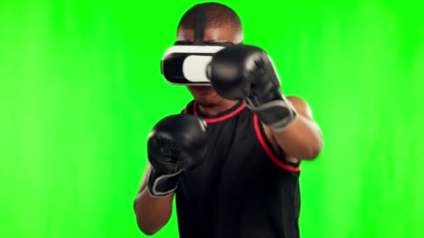 拳击和虚拟现实 游戏和绿色屏幕与健身 电子游戏和未来技术的工作室背景 具有丰富经验和模拟空间的男性游戏玩家 Vr护目镜和拳击手 — 图库视频影像