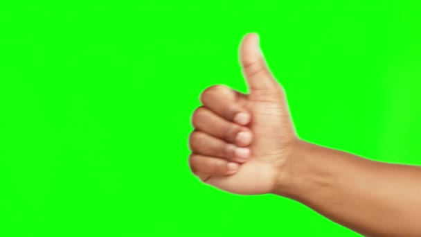 親指を上げ スタジオの背景に対して良い仕事のための緑の画面で成功に勝つ 親指の絵文字で人の手 はいサインや勝つためのような モックアップスペースの達成または承認 — ストック動画