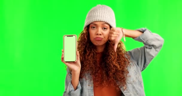 Πράσινη Οθόνη Κάτω Αντίχειρες Και Γυναίκα Πρόσωπο Τηλέφωνο Mockup Και — Αρχείο Βίντεο
