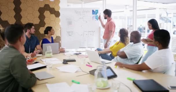 Empresários Apresentação Quadro Branco Reunião Para Design Aplicação Planejamento Criativo — Vídeo de Stock