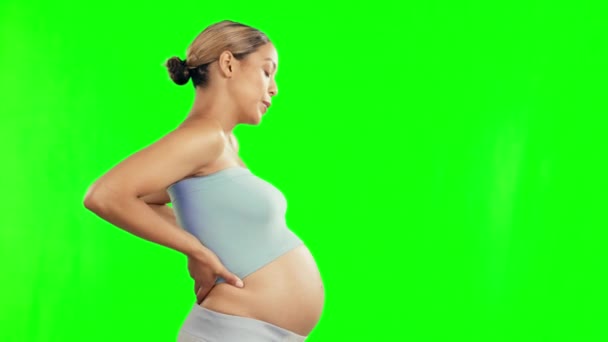 Schwangere Rückenschmerzen Und Frau Mit Krämpfen Auf Grünem Bildschirm Mit — Stockvideo
