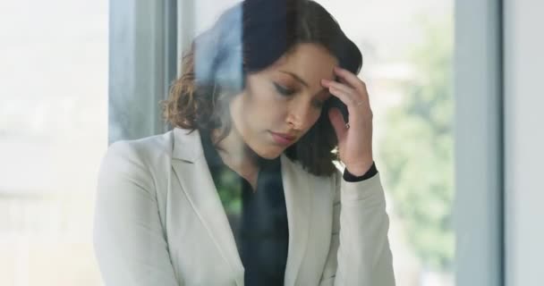 Business Woman Headache Stress Depression Anxiety Mental Health Leaning Window — Stock Video