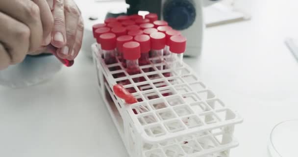 Próbka Krwi Badania Laboratoryjne Ręce Naukowca Próbką Medyczną Zdrowia Odnowy — Wideo stockowe