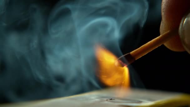 Match Smoke Flame Glow Hand Matchbox Stroke Sparks Fire Closeup — Stock Video