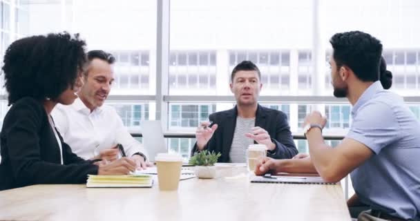 Negocios Hombre Feliz Gerente Con Equipo Discusión Reunión Conversación Planificación — Vídeos de Stock