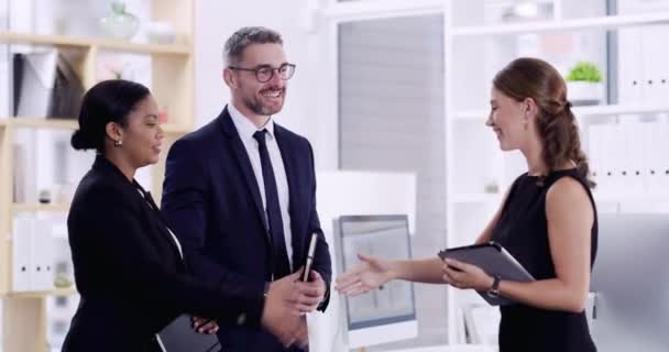 Handshake Contratação Empresária Feliz Uma Entrevista Emprego Reunião Negociação Recursos — Vídeo de Stock