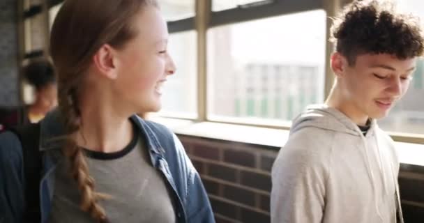 Середня Школа Студенти Друзі Ходять Коридорі Разом Язку Після Занять — стокове відео