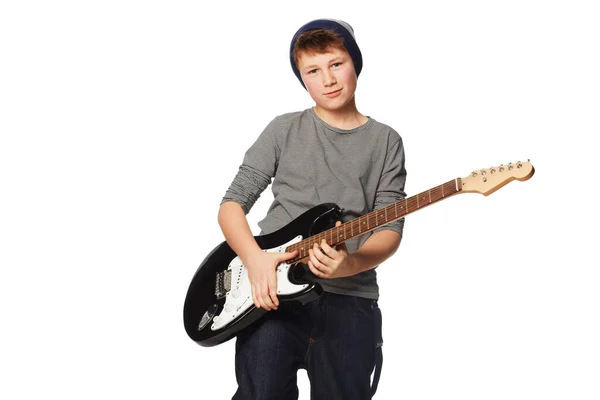 Genç Çocuk Rock Müzik Için Gitar Stüdyo Portresi Performans Veya — Stok fotoğraf