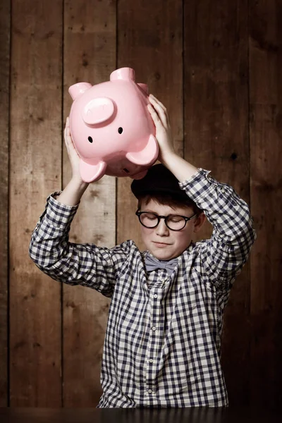 Piggy Bank Smash Sad Boy Child Investment Growth Savings Fail — Stock Photo, Image