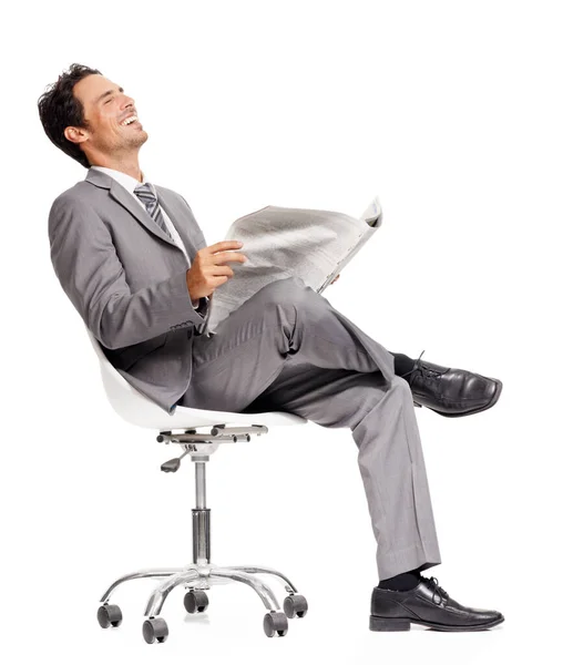 Business Man Laughing Reading Newspaper Studio Headlines Information Current Events — Stock Photo, Image