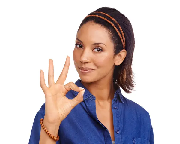 Fundo Branco Retrato Mulher Negra Com Sinal Mão Perfeito Para — Fotografia de Stock