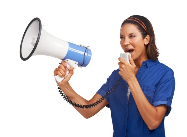 Megaphone Communication Angry Woman Scream Talking Broadcast Speech Racism Human — Stock Photo, Image