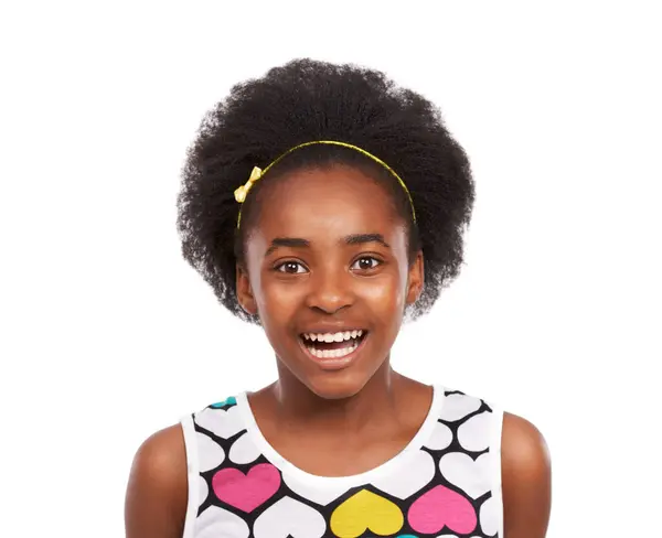 Uśmiech Portret Młoda Czarna Dziewczyna Studiu Pozytywnym Dobrym Pewnym Siebie — Zdjęcie stockowe