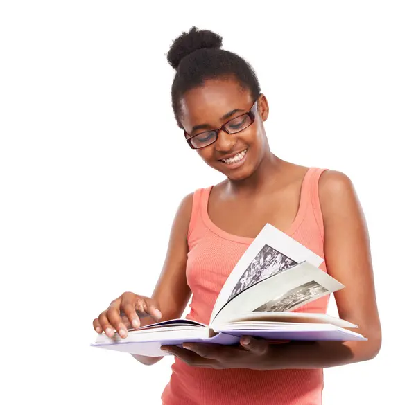 Мышление Черная Девушка Ребенок Книгой Улыбкой Знаниями Изолированы Белом Фоне Стоковая Картинка