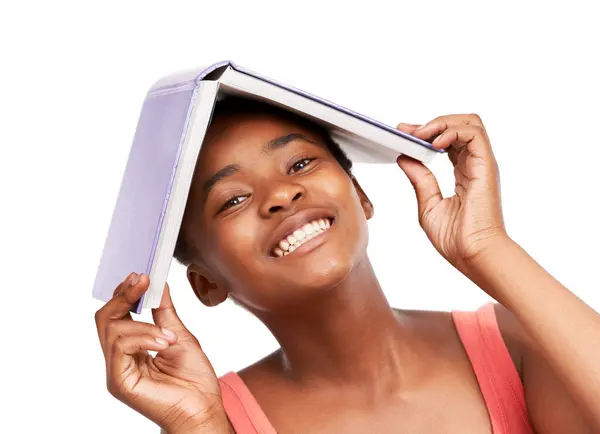 Портрет Знания Черная Девушка Книгой Голове Образование Баланс Изолированы Белом Стоковая Картинка