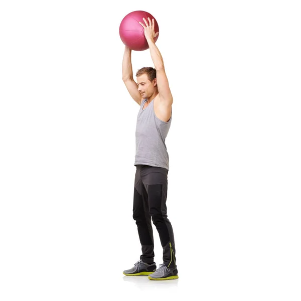 医疗用球和健身室的健身练习 用于训练练习 平衡目标或白色背景 体育器材和肌肉健身或健康 有氧或强壮的模拟空间 — 图库照片