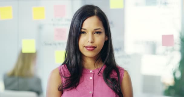 スケジュール アジェンダ プロジェクト管理のためのオフィスのビジネス女性のハッピー 計画と顔 クリエイティブ ブレインストーミング プレゼンテーションのための粘着性のあるノートを持つ労働者のアイデア — ストック動画