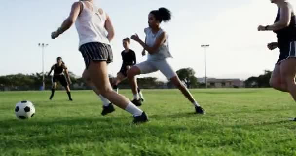 足球和在绿草场上打球 参加团队运动 踢球或室外运球 足球比赛 运动会或比赛中过关的女性个人 人或运动员团体 — 图库视频影像