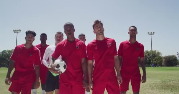 Voetbal Team Gezicht Van Mannen Het Veld Voor Spel Oefenwedstrijd — Stockvideo