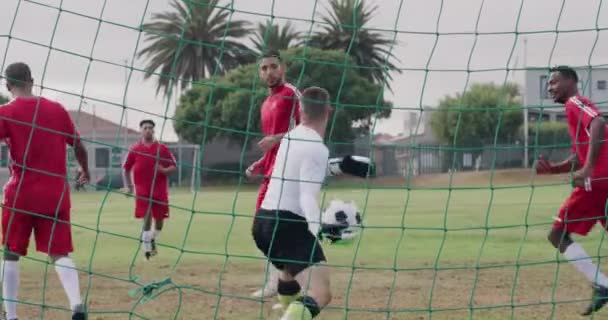 Gooi Bal Keeper Het Veld Met Voetbalteam Voor Sport Spel — Stockvideo