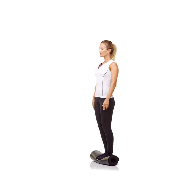 Donna Equilibrio Stuoia Studio Fitness Pilates Allenamento Corpo Sano Benessere — Foto Stock